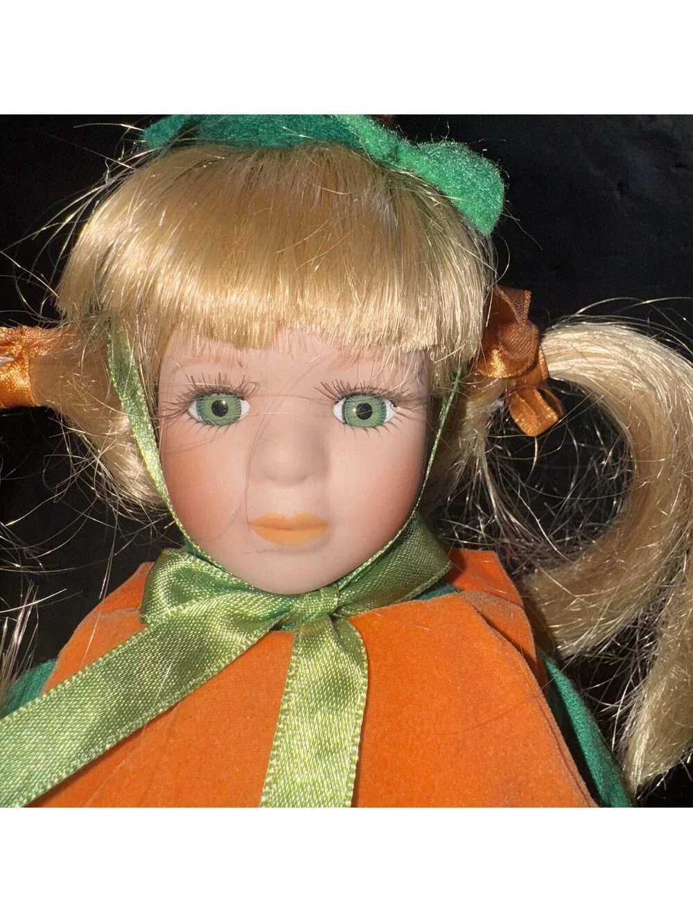 Vintage Blonde Porcelain Doll Pumpkin Costume Halloween Trick or Treat 9”